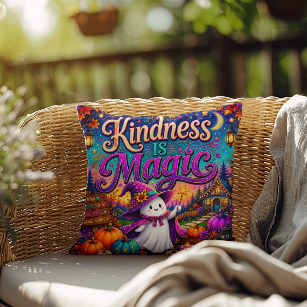 Kindness Is Magic quote with cheerful Halloween artwork on a positive decorative throw pillow