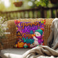 Pumpkin Kisses & Cozy Wishes saying with cute autumn artwork on a Halloween throw pillow
