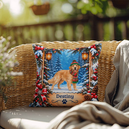 Golden Retriever (Light Golden Coat) - Personalized Snowy Woodland Pillow, Custom Dog Name Gift