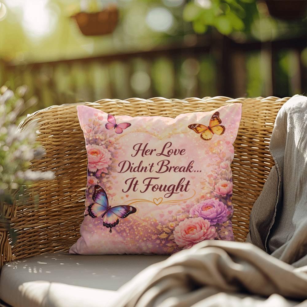 Shop our her love didnt break it fought throw pillow featuring the 20" x 20" style option from MySisterIsASurvivor.