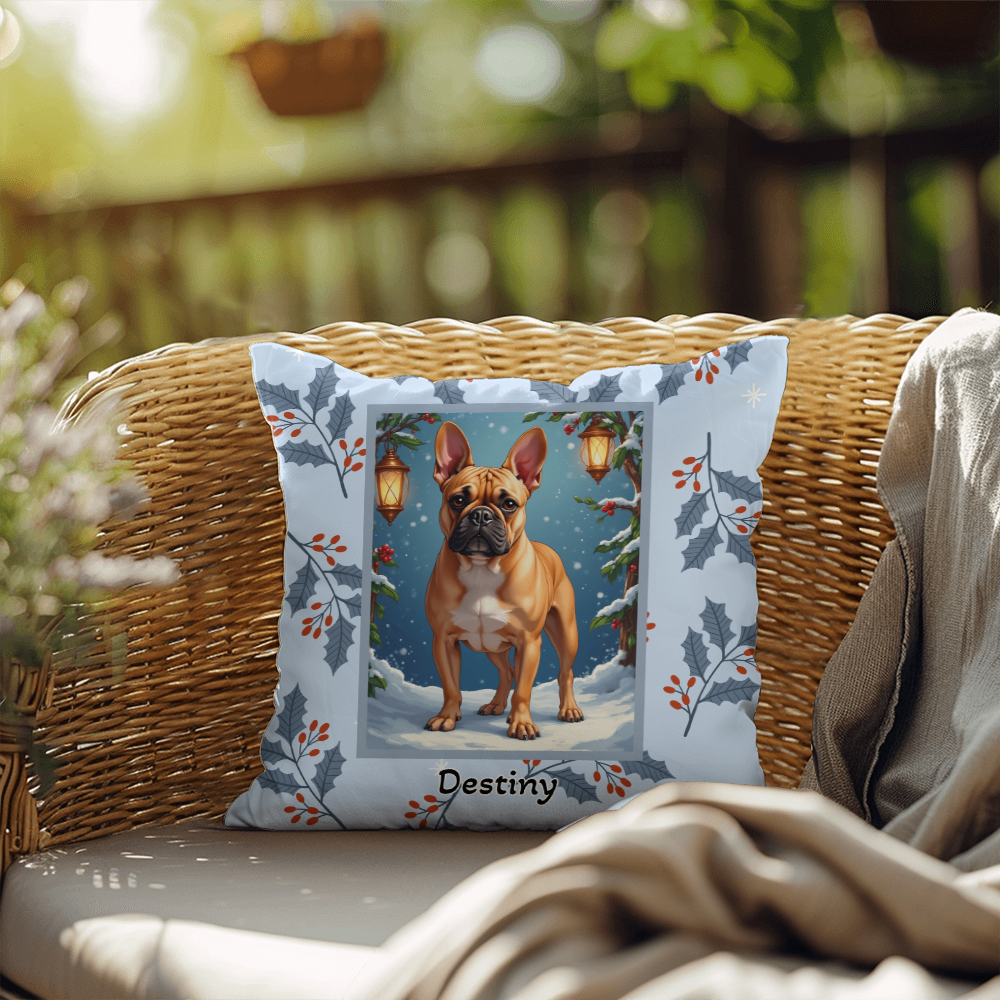 French Bulldog Fawn Pillow - Seasonal Frenchie throw pillow, indoor winter dog home accent