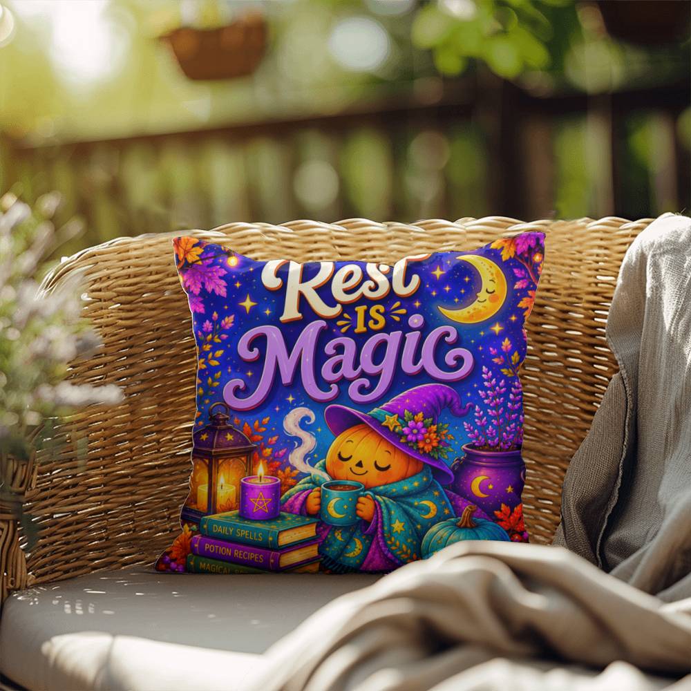 Rest Is Magic Halloween Throw Pillow - Self Care Pumpkin Witch Moon Pillow