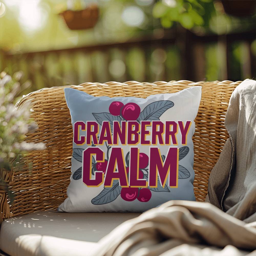 Cranberry Calm throw pillow with peaceful mindfulness quote and seasonal fall home décor accent
