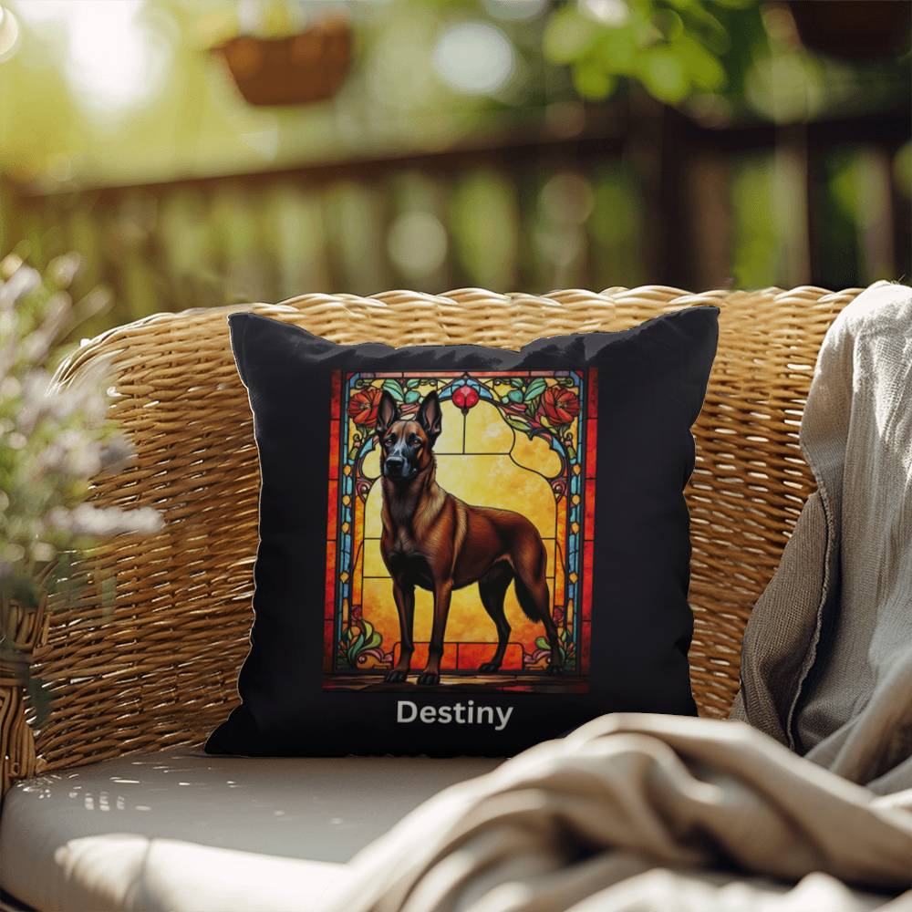 Belgian Malinois (Red Sable) Indoor/Outdoor Pillow - Personalized Stained Glass Dog Tribute & Comfort Gift