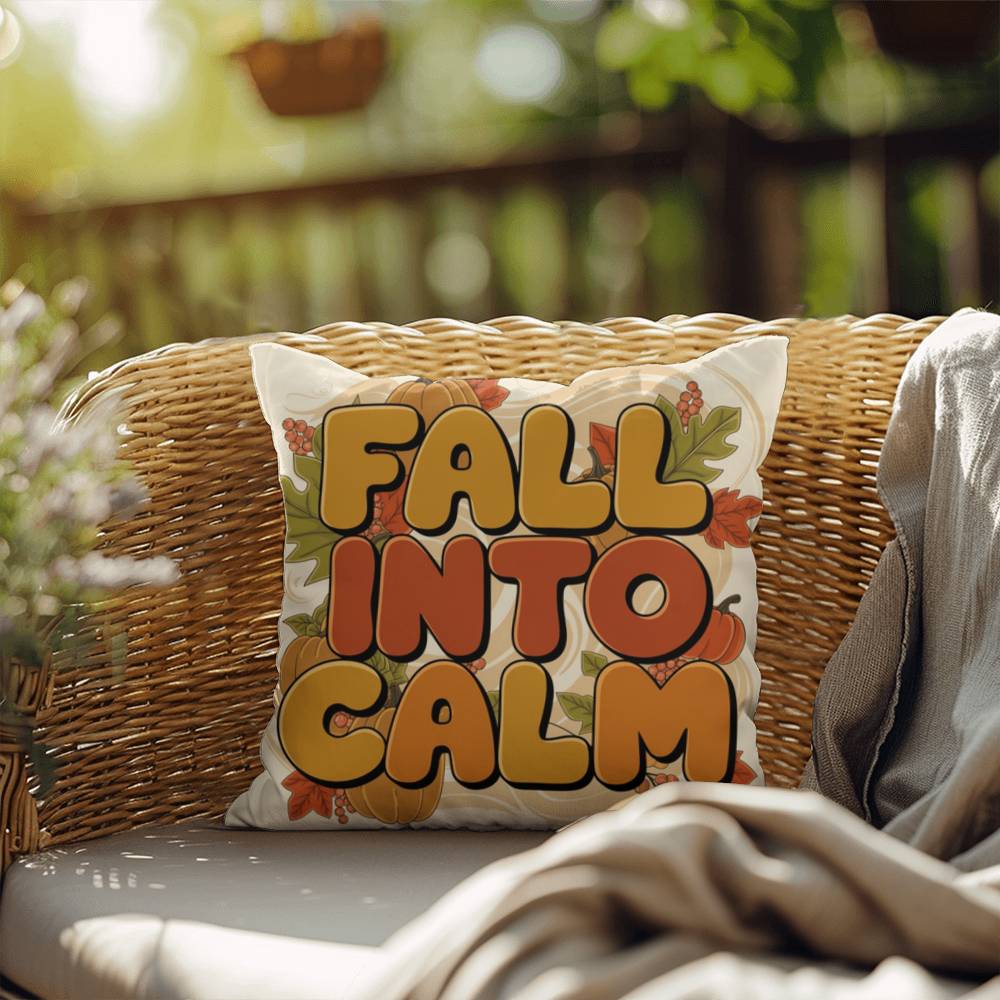 Fall Into Calm throw pillow with autumn gratitude quote, cozy seasonal comfort for Thanksgiving décor