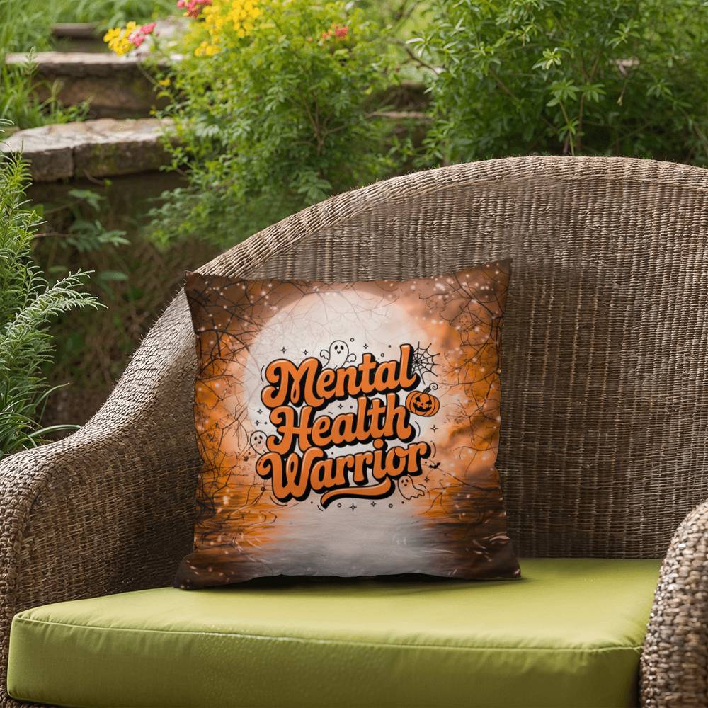 Halloween indoor/outdoor pillow with “Mental Health Warrior” for support and awareness