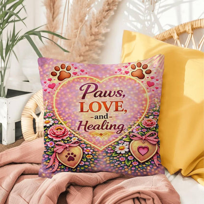 Shop our premium paws love and healing throw pillow from MySisterIsASurvivor.