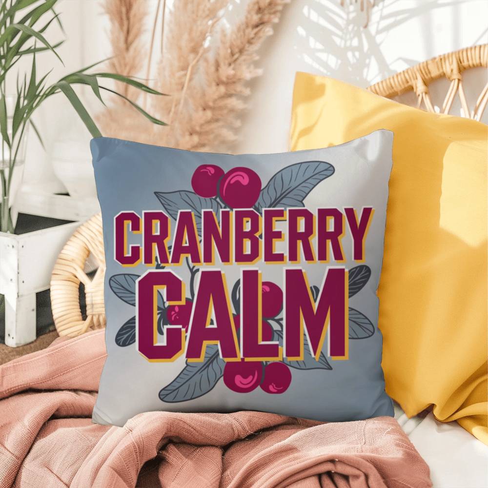 Cranberry Calm throw pillow with peaceful mindfulness quote and seasonal fall home décor accent