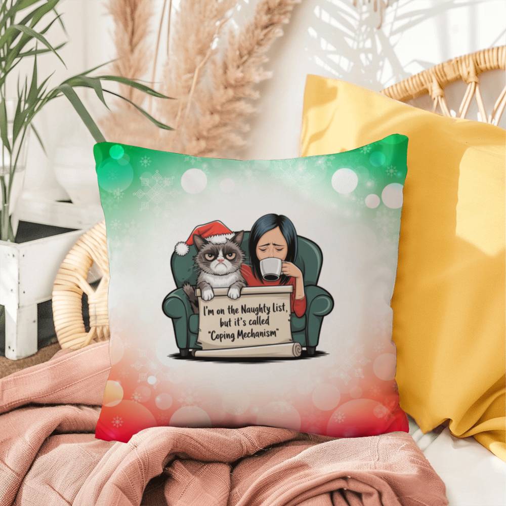 I’m on the Naughty List (Woman and Cat) Throw Pillow - Christmas humor gift pillow for home