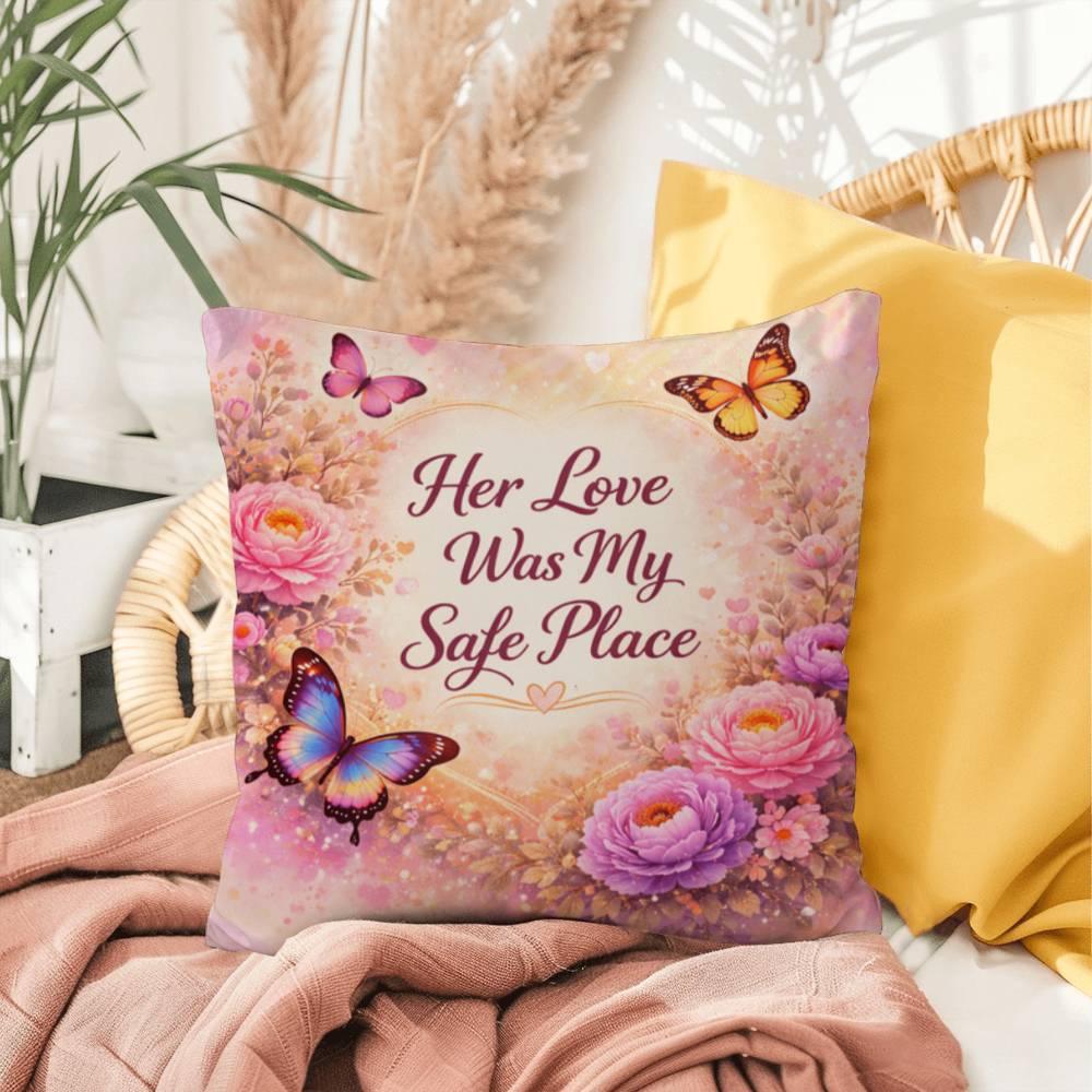 Shop our premium her love was my safe place throw pillow from MySisterIsASurvivor.