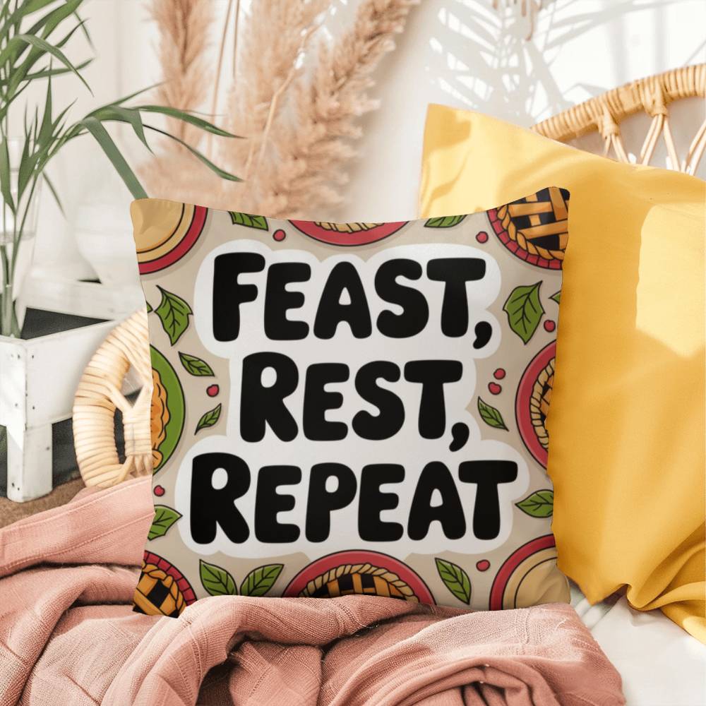 Feast, Rest, Repeat pillow featuring mindfulness message with cozy Thanksgiving and fall décor vibes