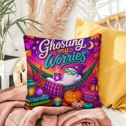 Ghosting My Worries Halloween Throw Pillow - Breathe Relax Unwind Ghost Pillow