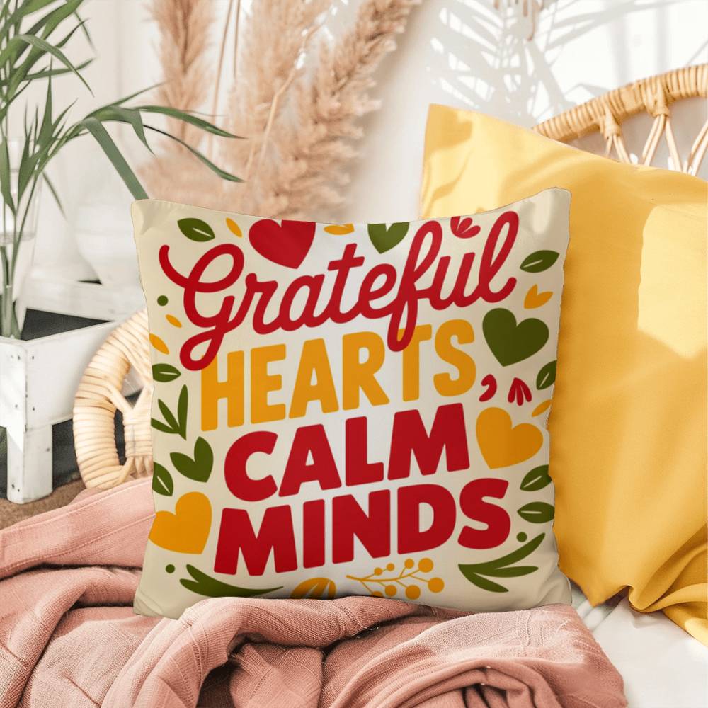 Grateful Hearts, Calm Minds pillow in bright fall tones with Thanksgiving gratitude and mindfulness quote