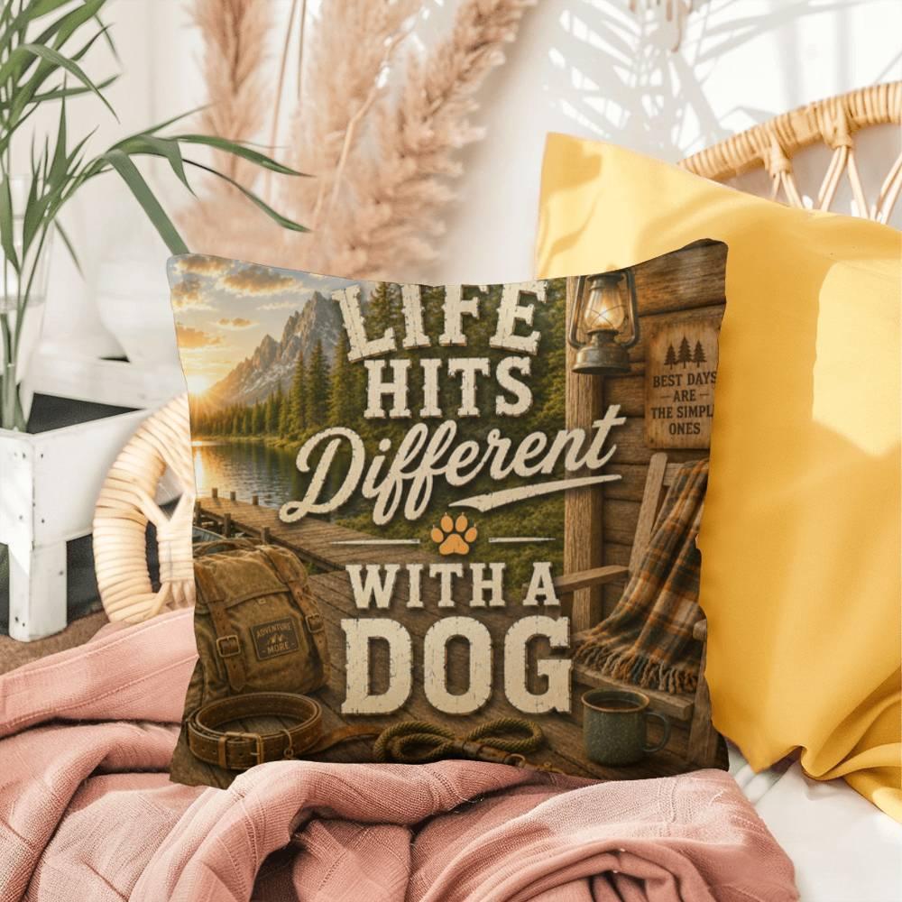 Shop our premium life hits different with a dog throw pillow from MySisterIsASurvivor.