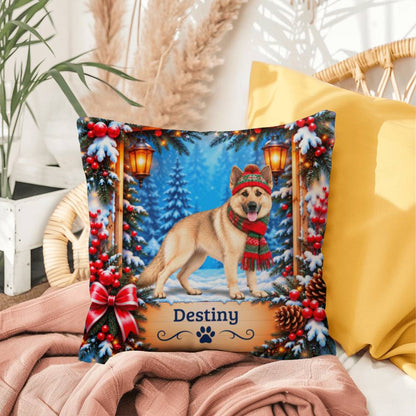 German Shepherd (Cream Coat) - Personalized Winter Name Pillow, Soft Woodland Decor for Dog Lovers