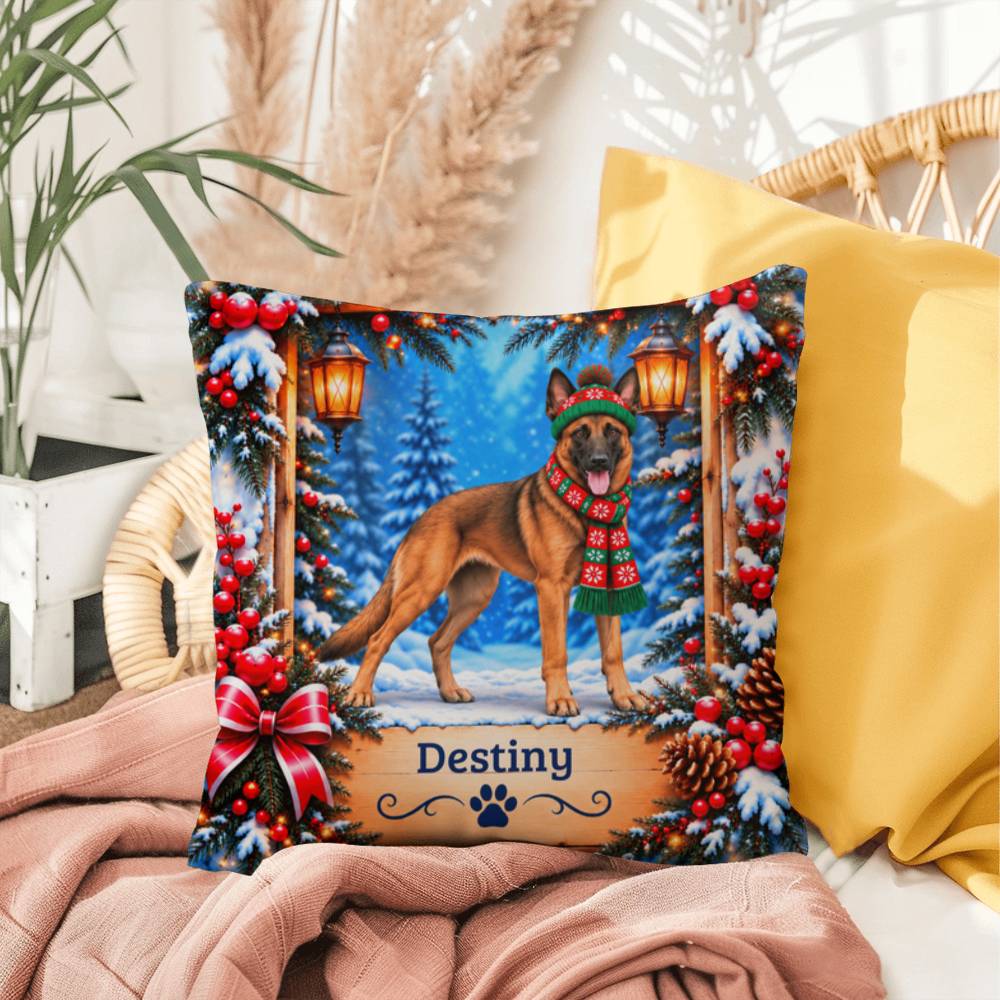 Belgian Malinois (Red Sable Coat) - Personalized Snowy Forest Pillow, Custom Dog Name Winter Gift