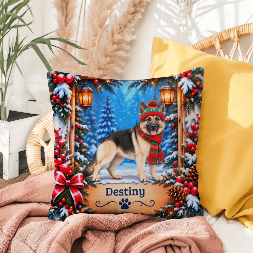 German Shepherd (Black & Cream Coat) - Personalized Winter Throw Pillow, Cozy Dog Name Gift