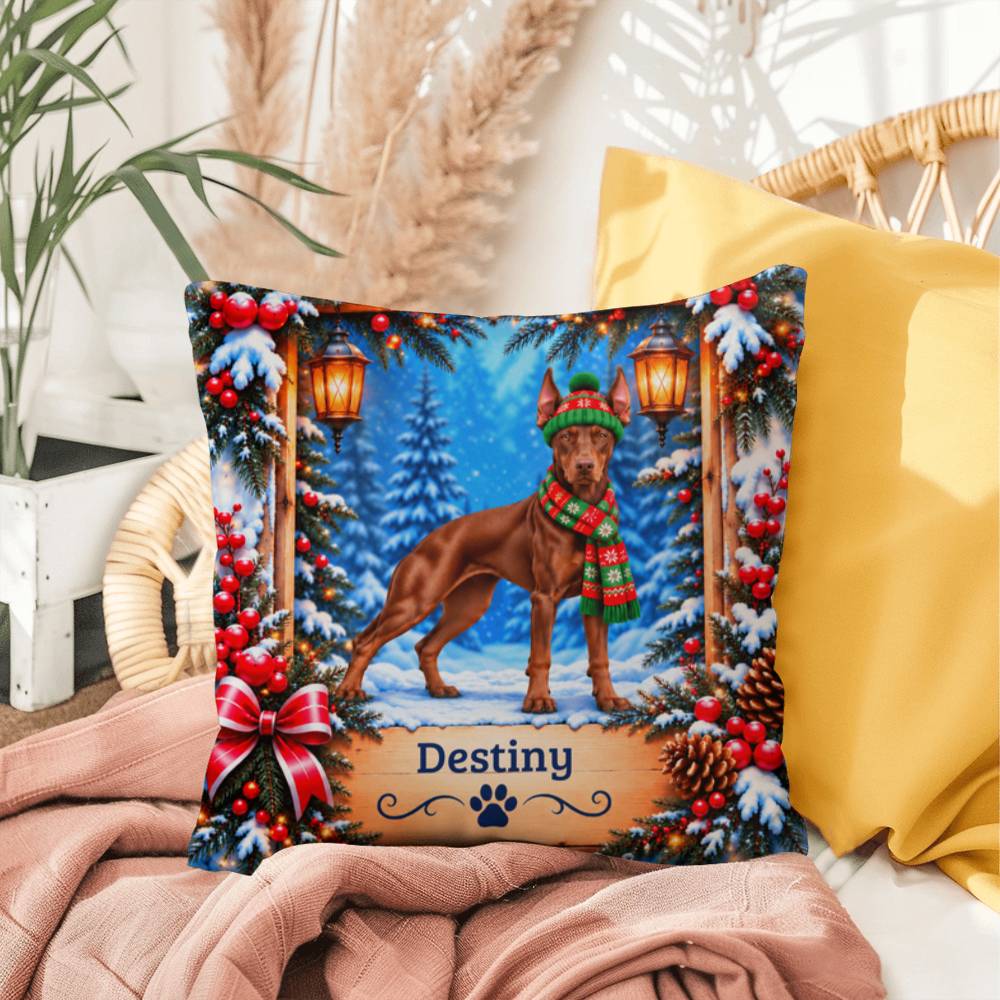 Doberman (Red Coat) - Personalized Cabin Throw Pillow with Your Dog’s Name, Winter Gift