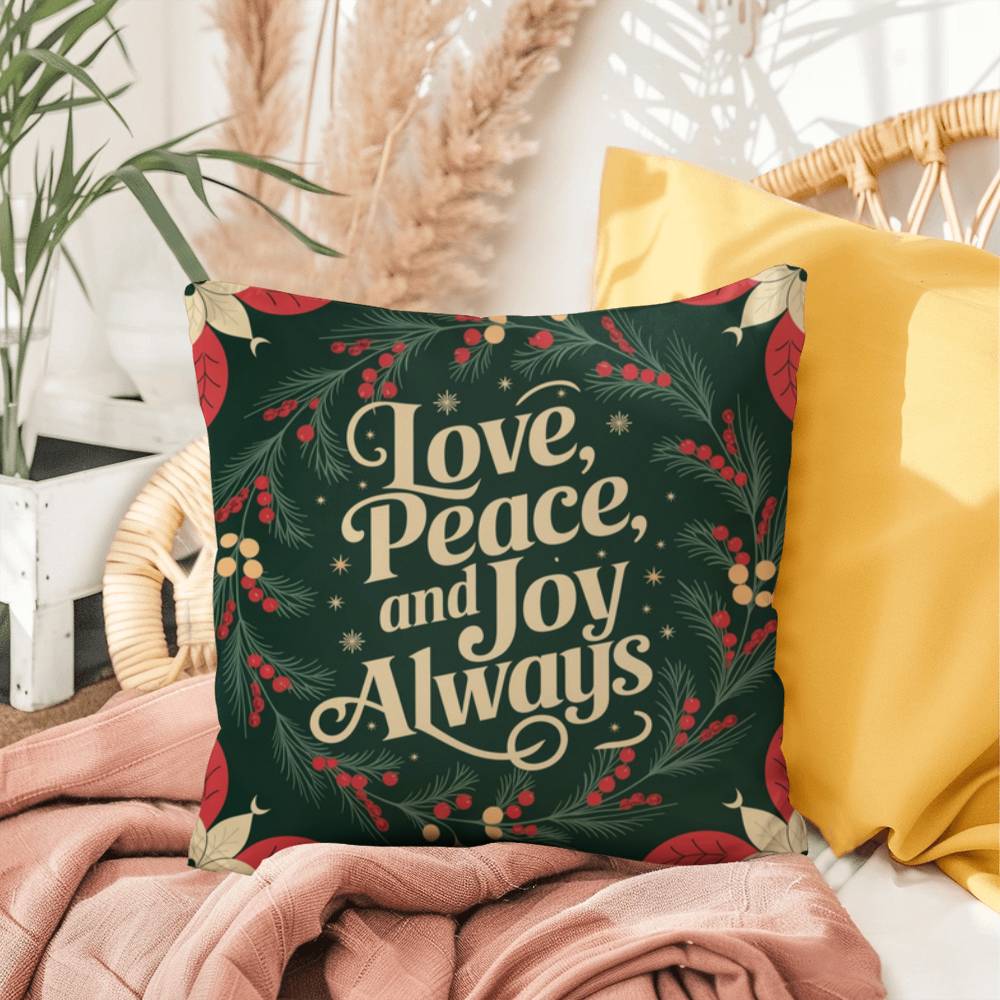 Love, Peace, and Joy Always Throw Pillow - Calm Christmas décor for mindfulness and comfort