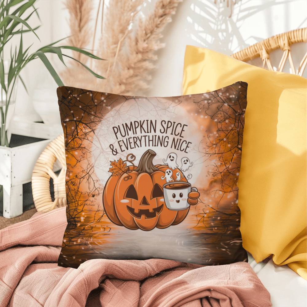 Halloween indoor/outdoor throw pillow with pumpkin spice theme for cozy fall décor
