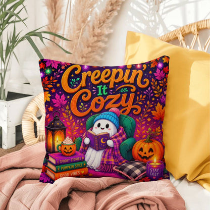 Creepin It Cozy Halloween Throw Pillow - Spooky Stories Pumpkin Spice Good Vibes