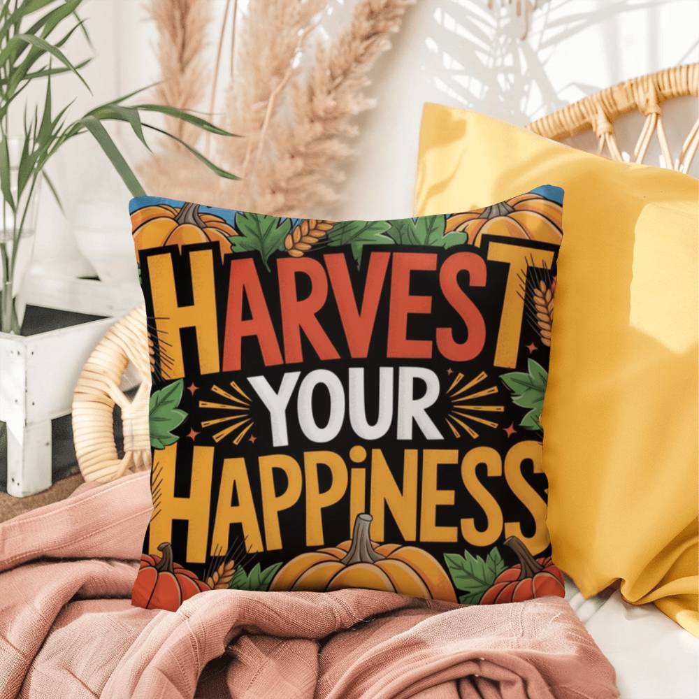 Harvest Your Happiness pillow in autumn hues with mindful Thanksgiving quote and cozy seasonal décor
