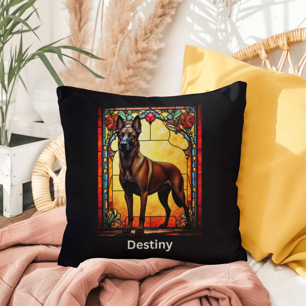 Belgian Malinois (Red Sable) Indoor/Outdoor Pillow - Personalized Stained Glass Dog Tribute & Comfort Gift