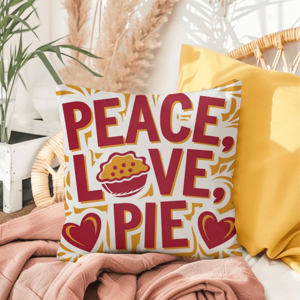 Peace, Love, Pie throw pillow with colorful fall design and mindfulness quote for seasonal comfort