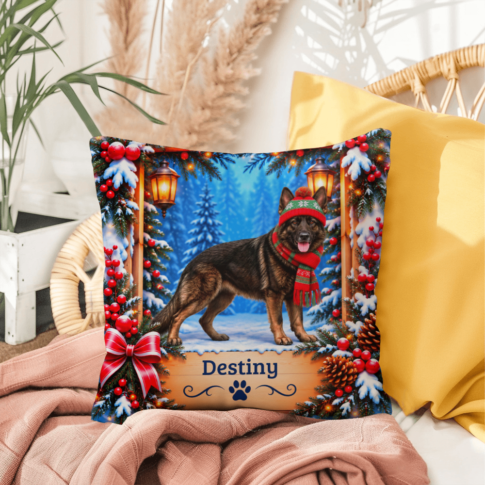 German Shepherd (Dark Sable Coat) - Personalized Woodland Name Pillow, Winter Gift for GSD Owners