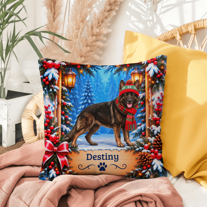 German Shepherd (Dark Sable Coat) - Personalized Woodland Name Pillow, Winter Gift for GSD Owners
