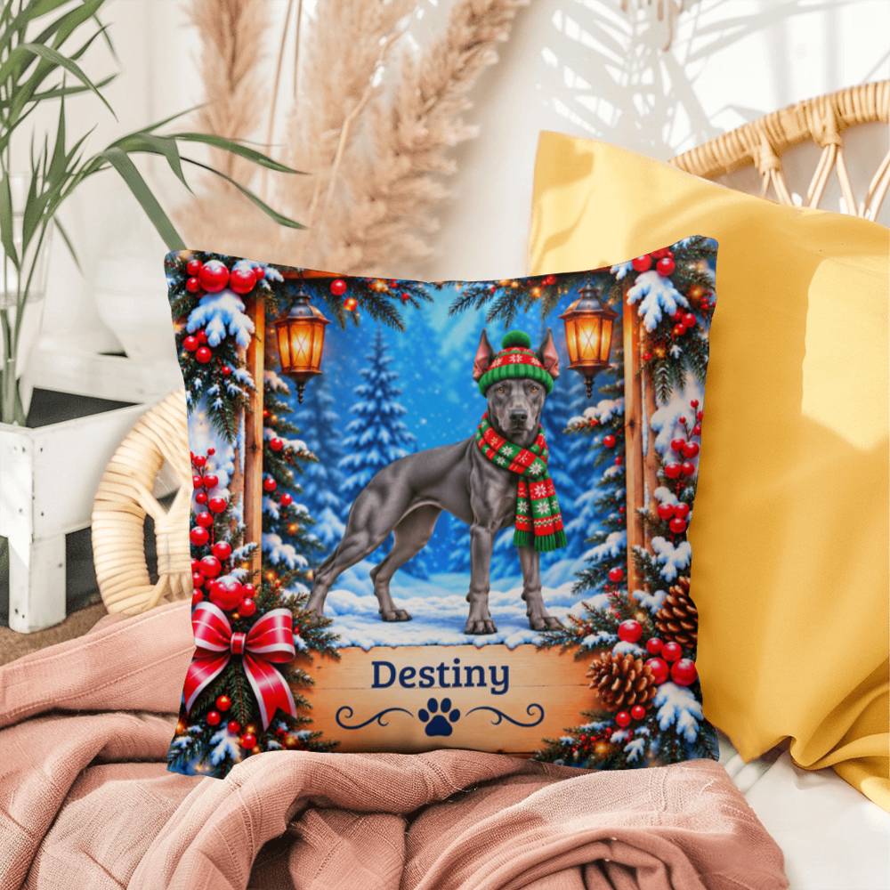 Doberman (Blue Coat) - Personalized Woodland Throw Pillow, Winter Gift for Dobie Owners