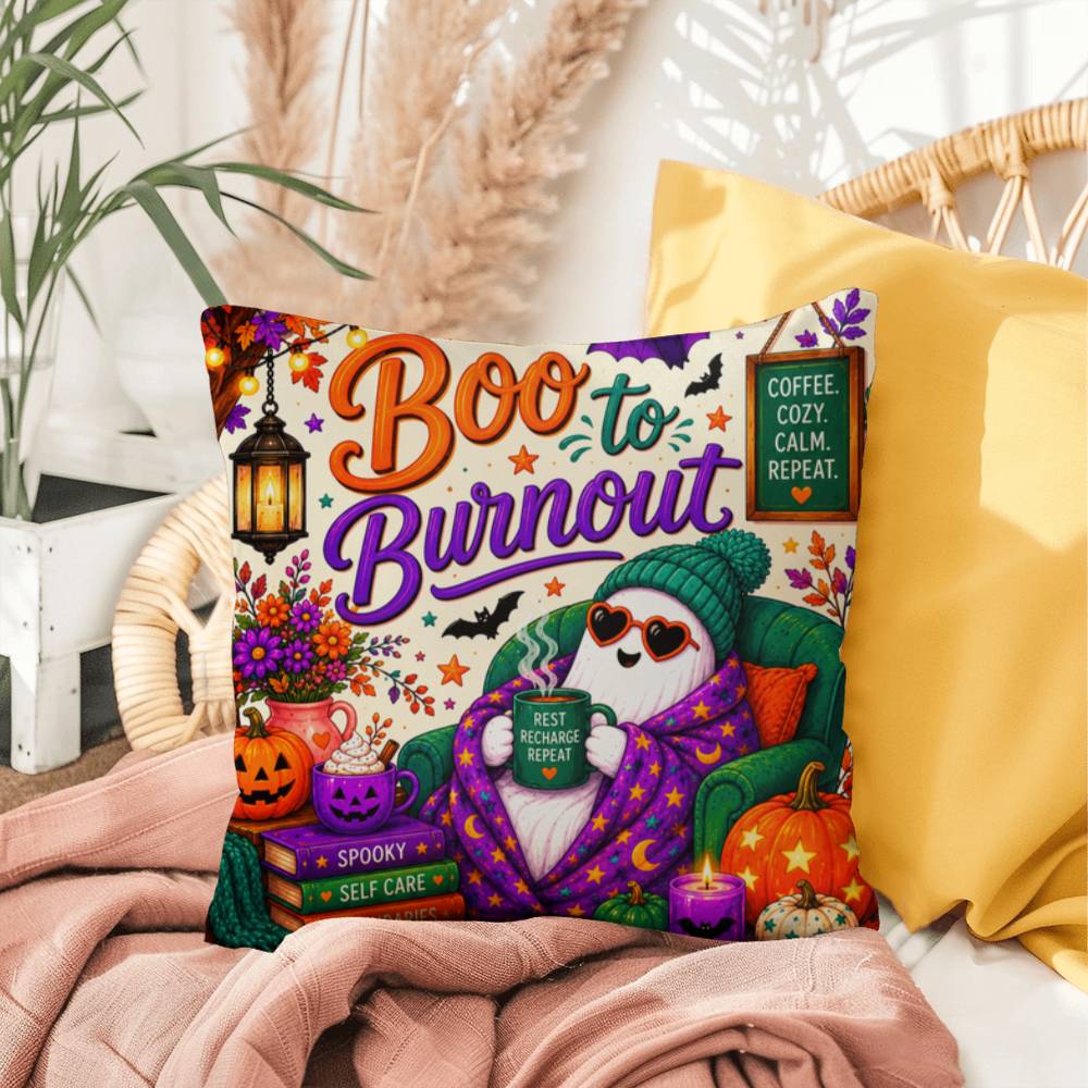 Boo To Burnout Halloween Throw Pillow - Coffee Cozy Calm Repeat Ghost Pillow