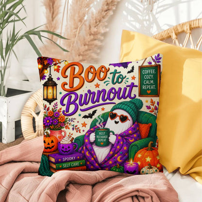 Boo To Burnout Halloween Throw Pillow - Coffee Cozy Calm Repeat Ghost Pillow