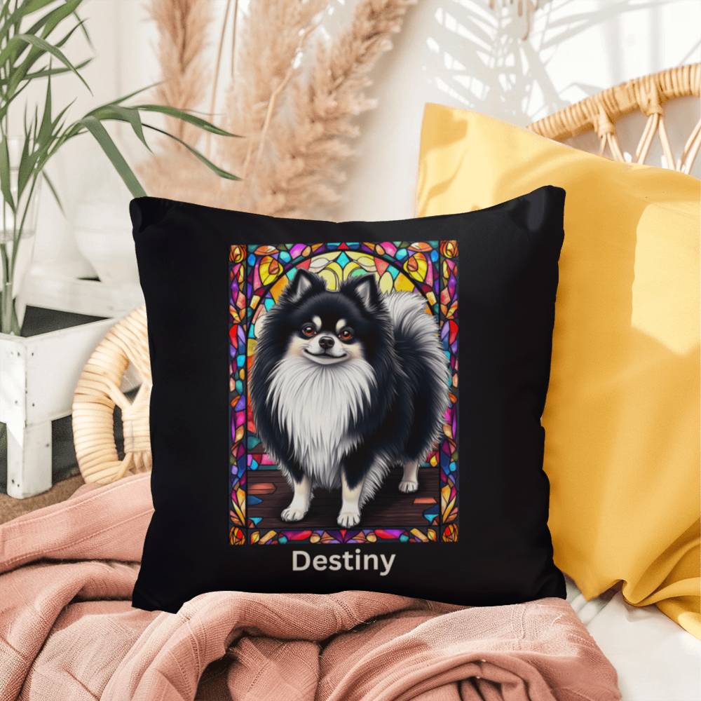 Pomeranian (Black and White) Indoor/Outdoor Pillow - Personalized Stained Glass Dog Tribute & Comfort Gift