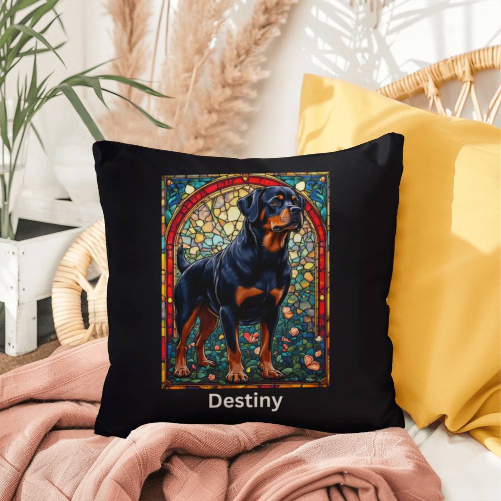 Rottweiler (Black and Mahogany) Indoor/Outdoor Pillow - Personalized Stained Glass Dog Tribute & Comfort Gift