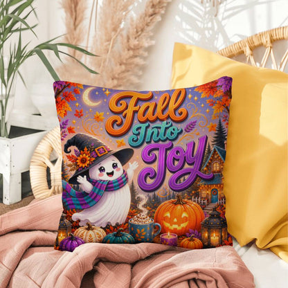 Fall Into Joy Halloween Throw Pillow - Cute Witch Ghost Pumpkin Spice Pillow