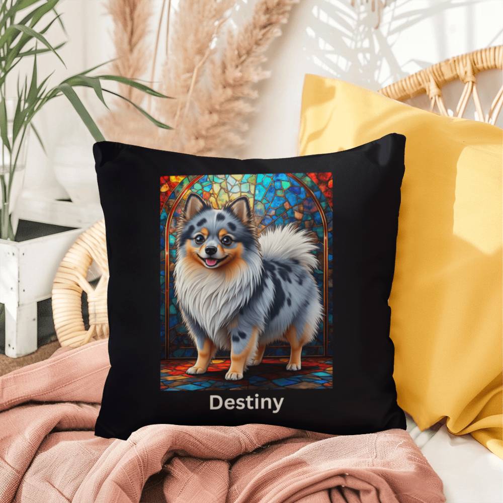 Pomeranian (Blue Merle) Indoor/Outdoor Pillow - Personalized Stained Glass Dog Tribute & Comfort Gift