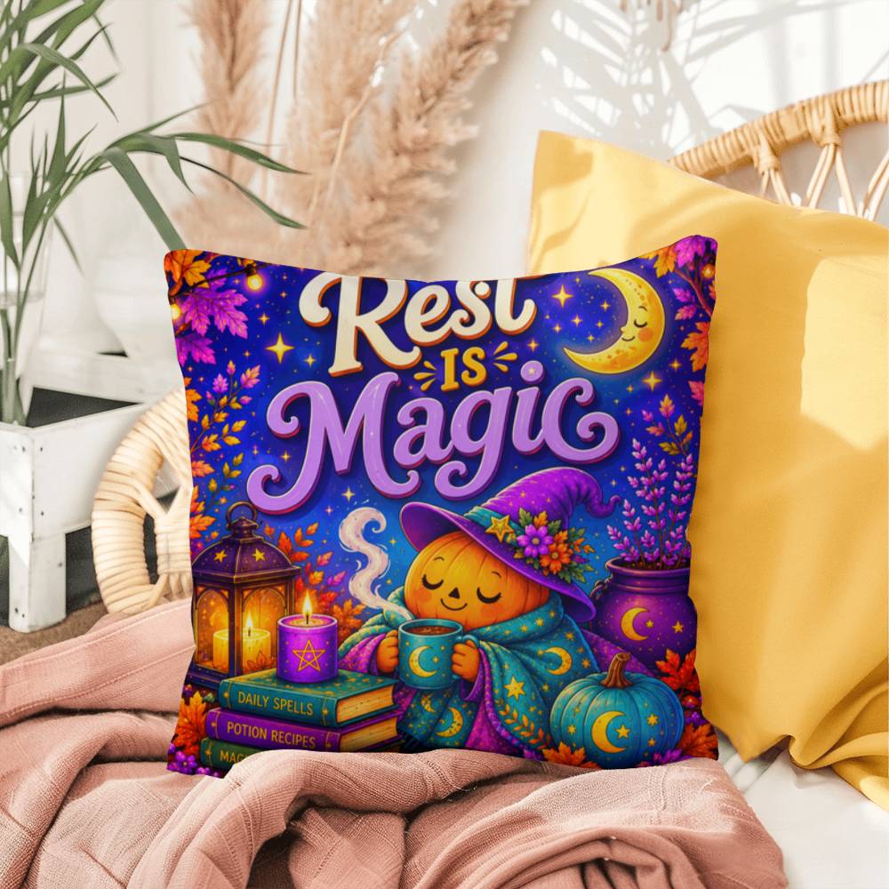 Rest Is Magic Halloween Throw Pillow - Self Care Pumpkin Witch Moon Pillow