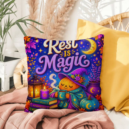 Rest Is Magic Halloween Throw Pillow - Self Care Pumpkin Witch Moon Pillow
