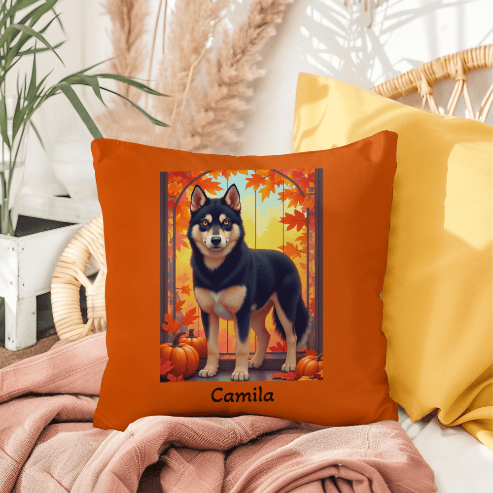 Siberian Husky Black & Tan Coat (Amber Eyes) Pillow, Indoor Outdoor Dog Cushion, Custom Gift