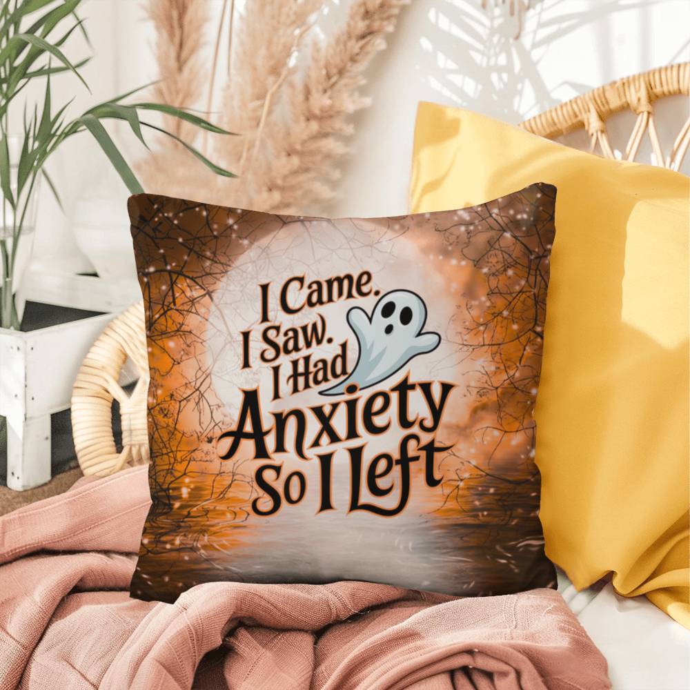 Funny Halloween indoor/outdoor pillow with “I Came. I Saw. I Left.” for seasonal humor