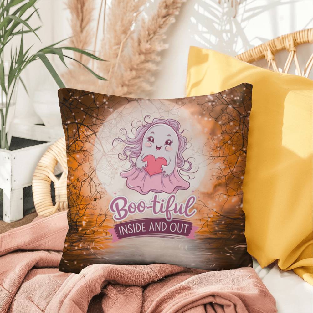 Halloween indoor/outdoor pillow with a cute ghost and “Boo-tiful” for mental health and seasonal charm