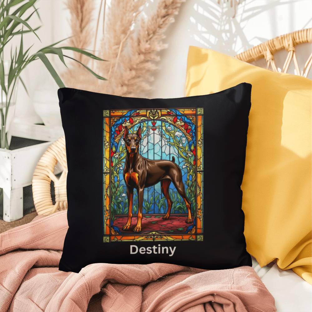 Doberman Pinscher (Brown & Rust) Indoor/Outdoor Pillow - Personalized Stained Glass Dog Tribute & Comfort Gift