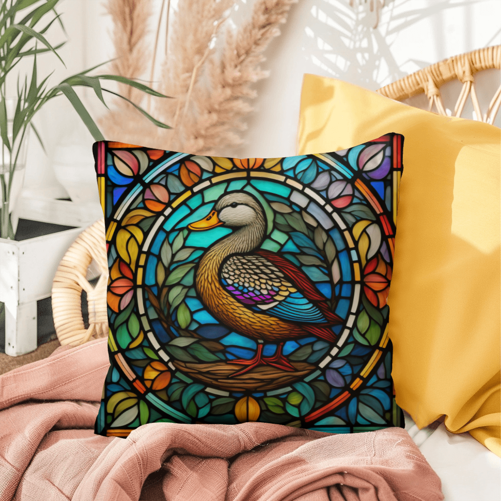 Duck stained glass throw pillow, indoor outdoor farm animal decor, home accent pillow