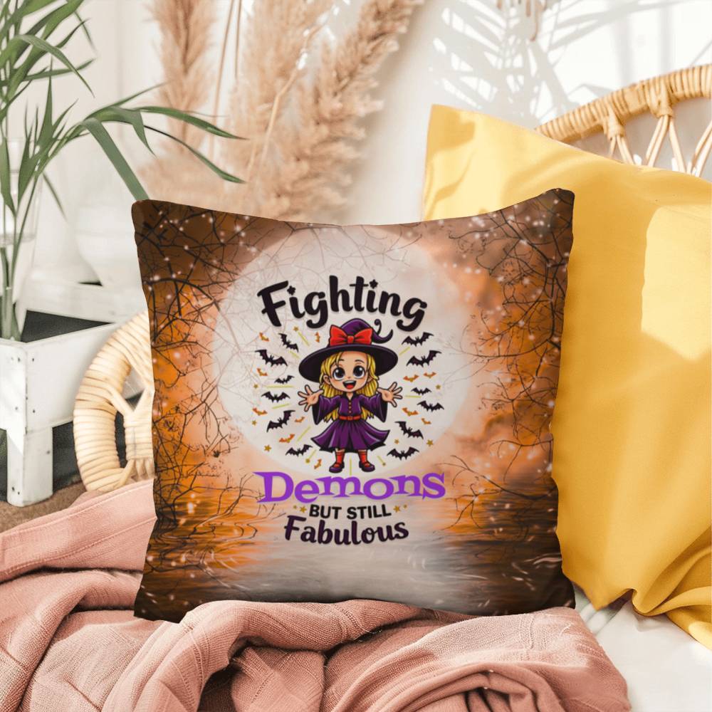 Halloween indoor/outdoor pillow with “Fighting Demons but still” for mental health and resilience