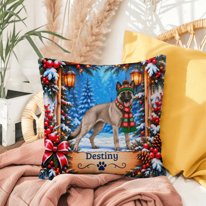Belgian Malinois (Gray Coat) - Personalized Winter Forest Pillow, Indoor Outdoor Dog Name Gift