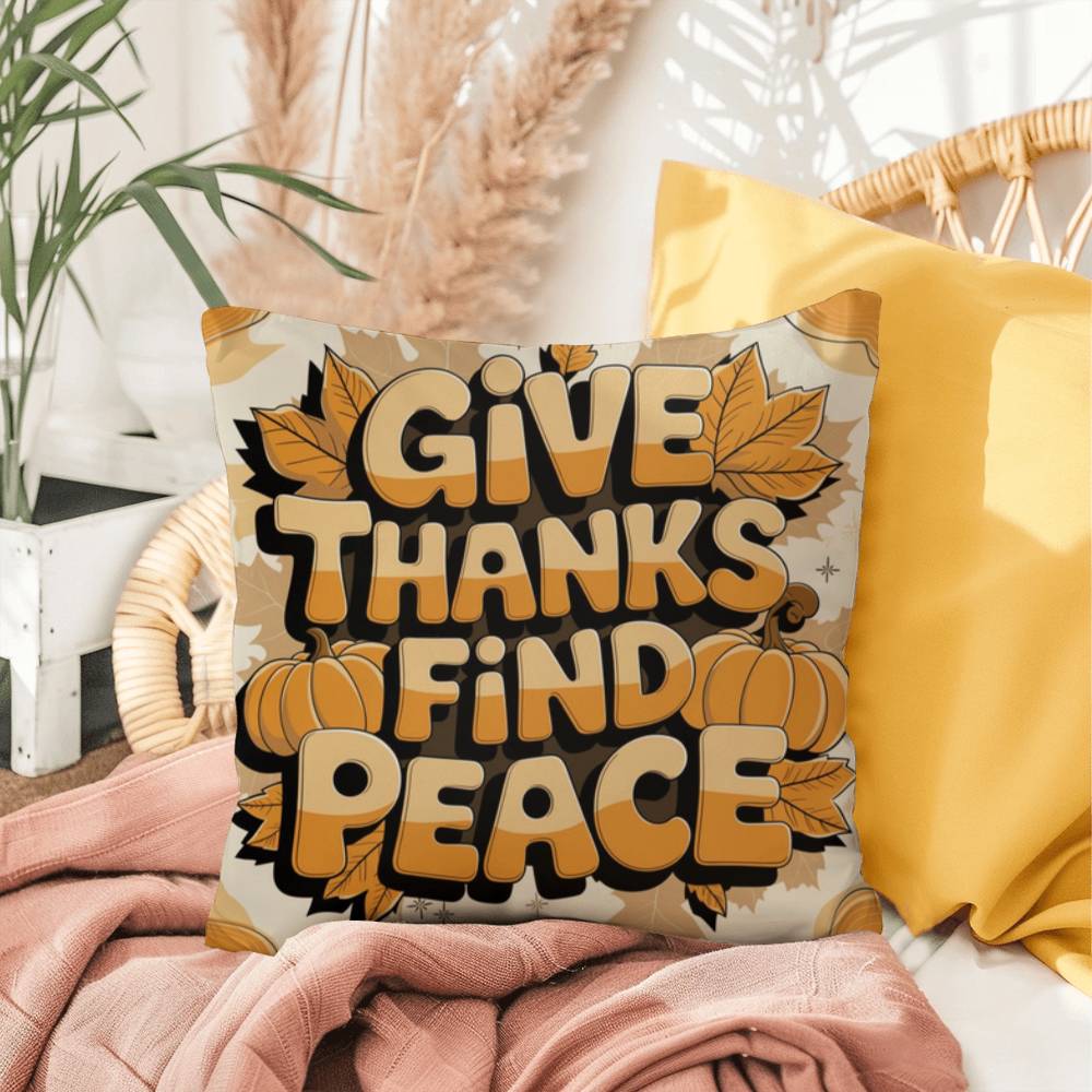 Give Thanks, Find Peace throw pillow with mindful Thanksgiving quote and vibrant autumn décor colors