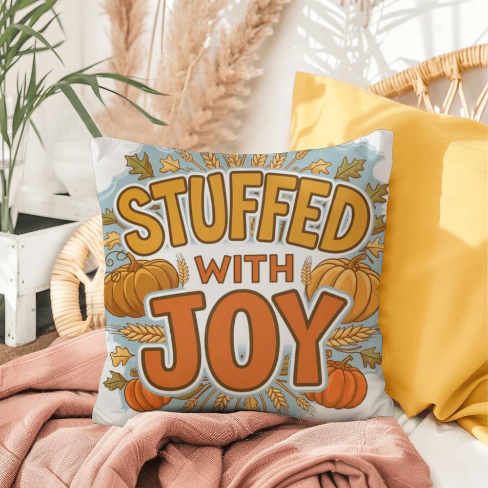 Stuffed With Joy pillow in autumn colors with mindful gratitude quote for cozy Thanksgiving décor