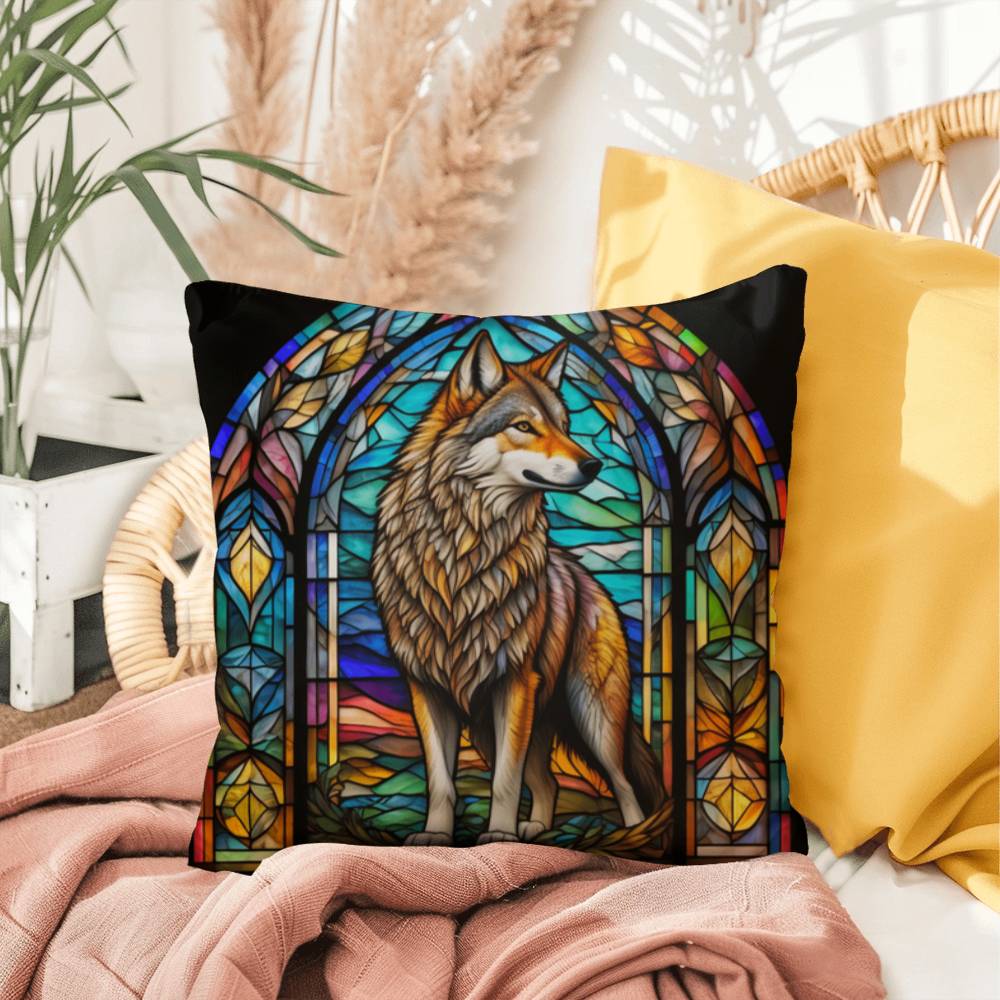 Wolf stained glass throw pillow, forest wildlife decor, indoor outdoor cozy home accent