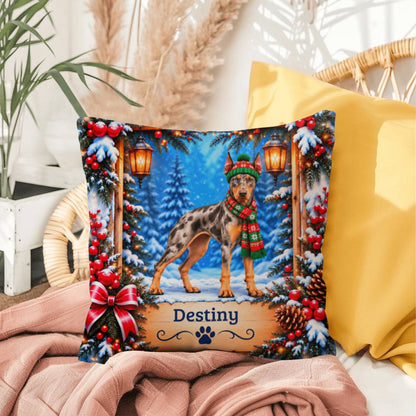 Doberman (Merle Coat) - Personalized Dog Name Cushion, Snowy Woodland Throw Pillow Gift